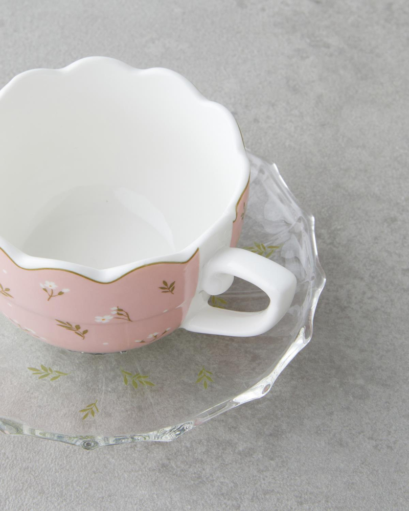 Charming New Bone China 4 Parça 2 Kişilik Cam Tabaklı Kahve Fincan Takımı 80 ml Pembe - Yeşil