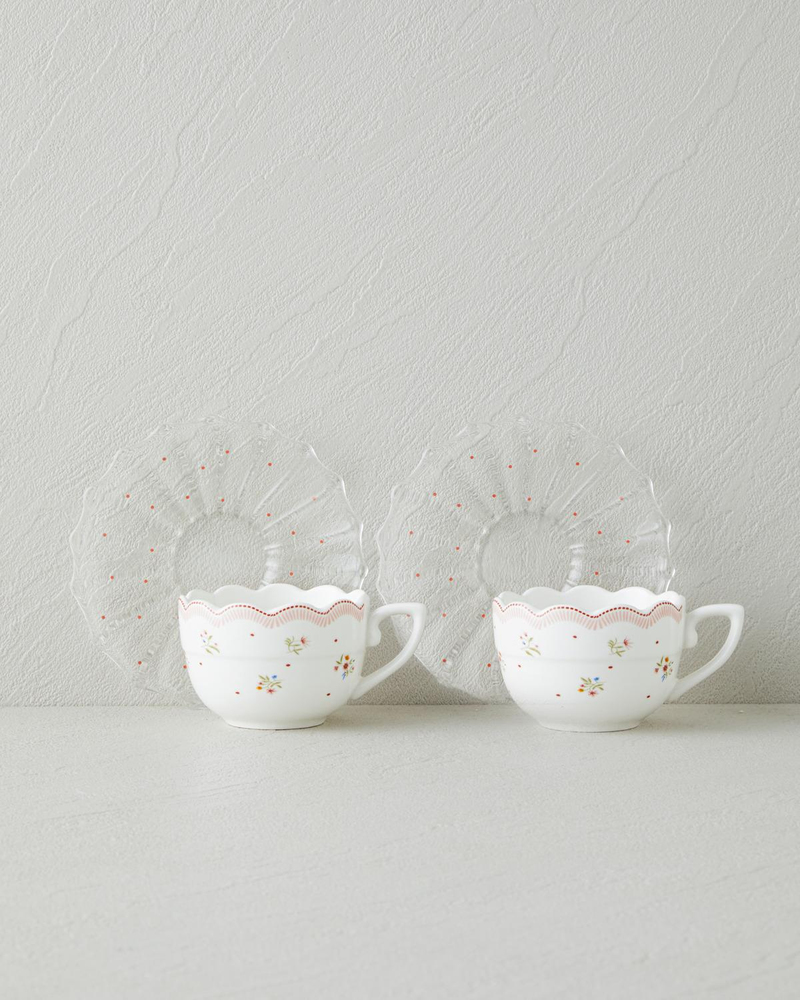 Daisy Days New Bone China 4 Parça 2 Kişilik Cam Tabaklı Kahve Fincan Takımı 80 ml Pembe - Yeşil