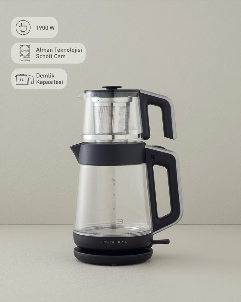 English Home CMK 6001 Cam Çay Makinesi ve Kettle Siyah-Krom