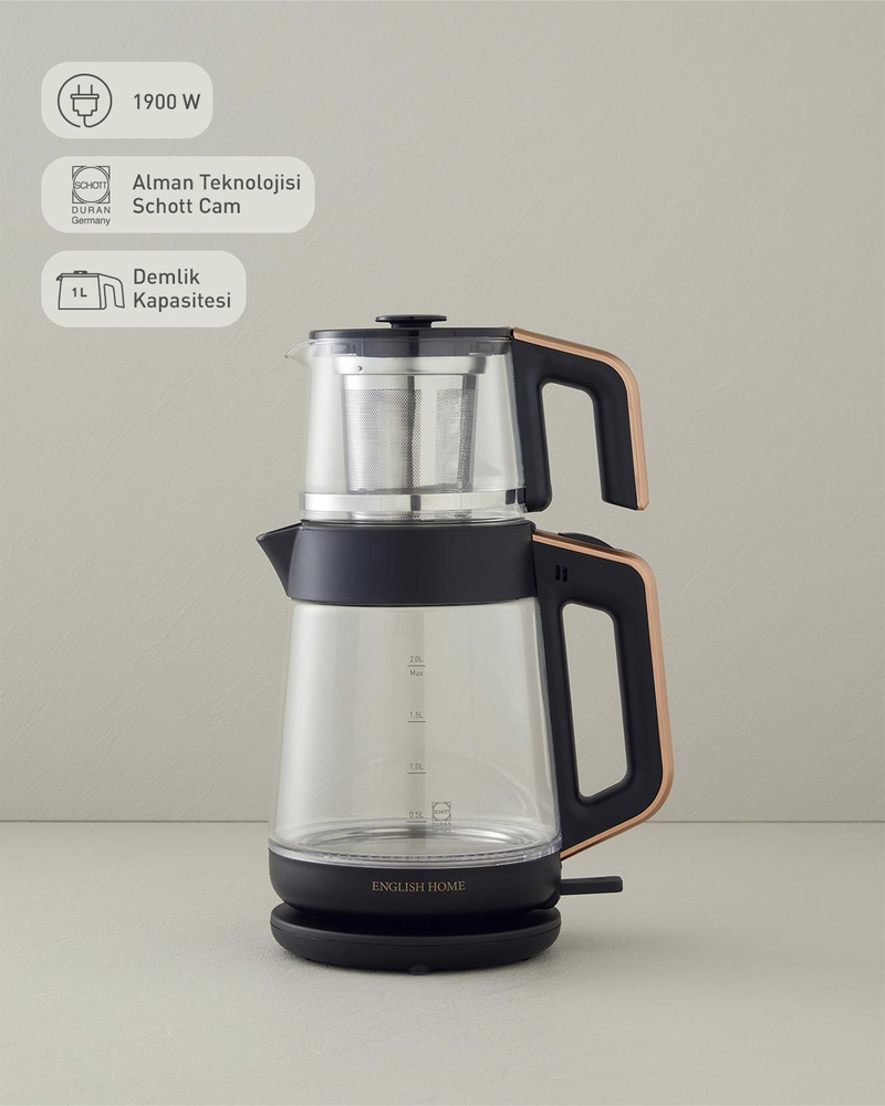 English Home CMK 6001 Cam Çay Makinesi ve Kettle Siyah-Bakır
