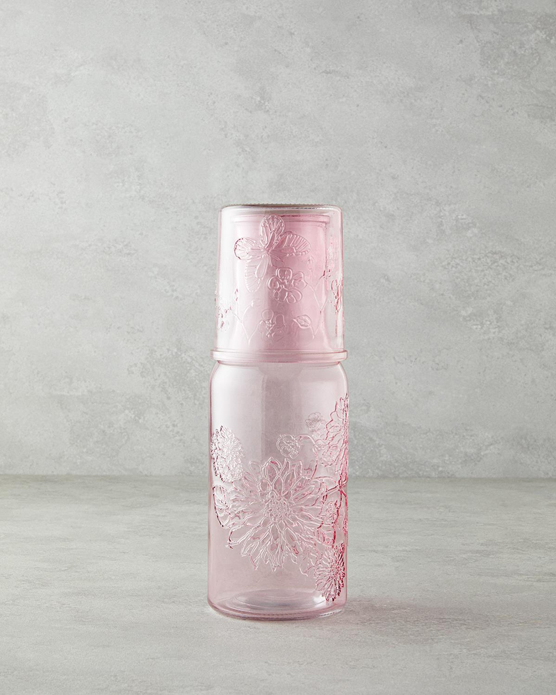 Flowery Cam Başucu Sürahi 1200 ml + 400 ml Pembe