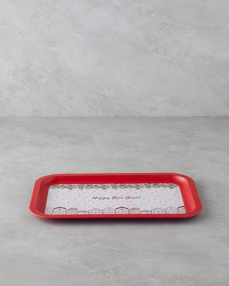 Happy New Year Metal Tepsi 35x23 cm Kırmızı