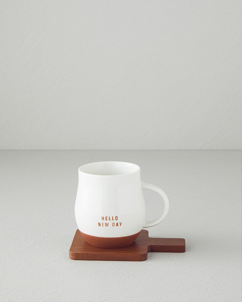 Hello New Day New Bone China Bardak Altlıklı Kupa 450 ml Beyaz