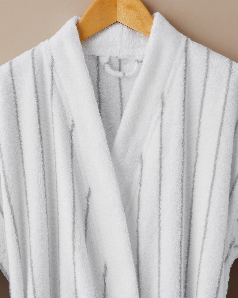 Mono Stripe Pamuk Bornoz Beyaz - Gri