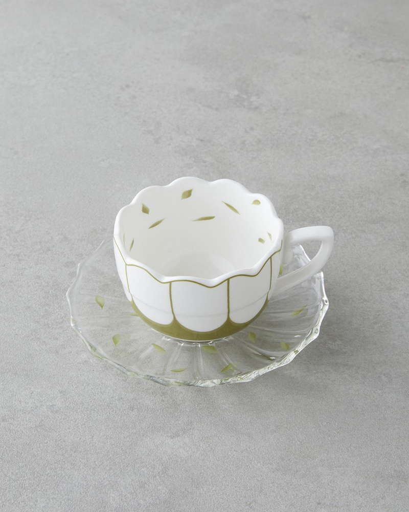 Purepetal New Bone China 4 Parça 2 Kişilik Cam Tabaklı Kahve Fincan Takımı 80 ml Yeşil