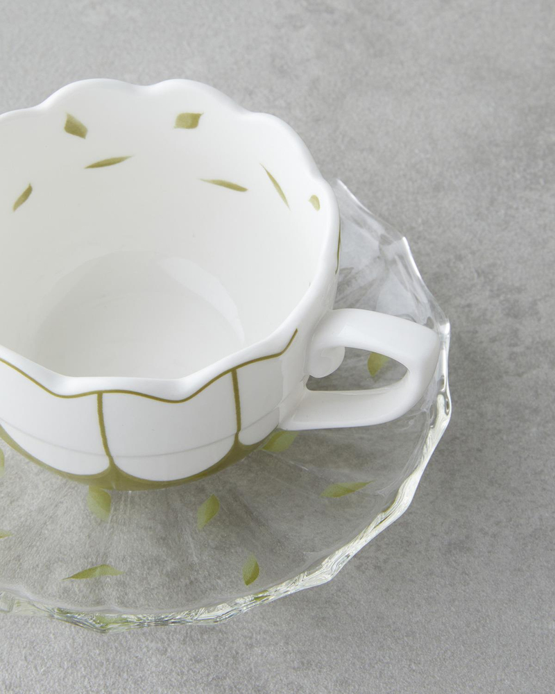 Purepetal New Bone China 4 Parça 2 Kişilik Cam Tabaklı Kahve Fincan Takımı 80 ml Yeşil
