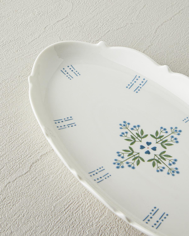 Retro Paisley New Bone China Kayık Tabak 26 cm Beyaz - Mavi