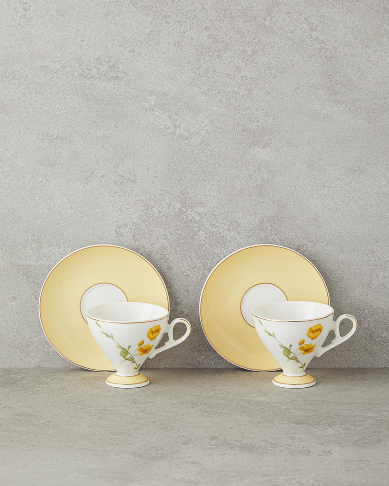 Valentina New Bone China 4 Parça 2 Kişilik Kahve Fincan Takımı 80 ml Sarı