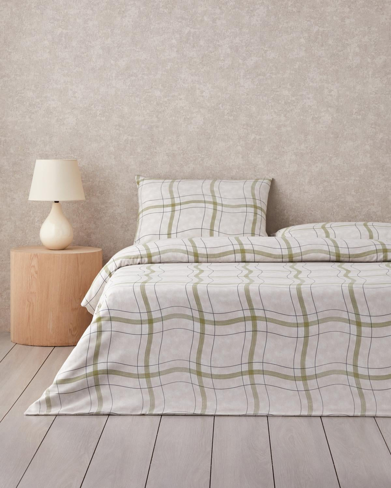 Wave Check Kolay Ütülenir Çift Kişilik Nevresim Takımı 200x220 cm Açık Yeşil-Bej