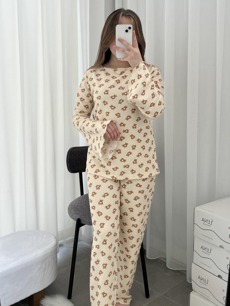 Ayıcık Desenli Bej Waffle Premium Pijama Takımı