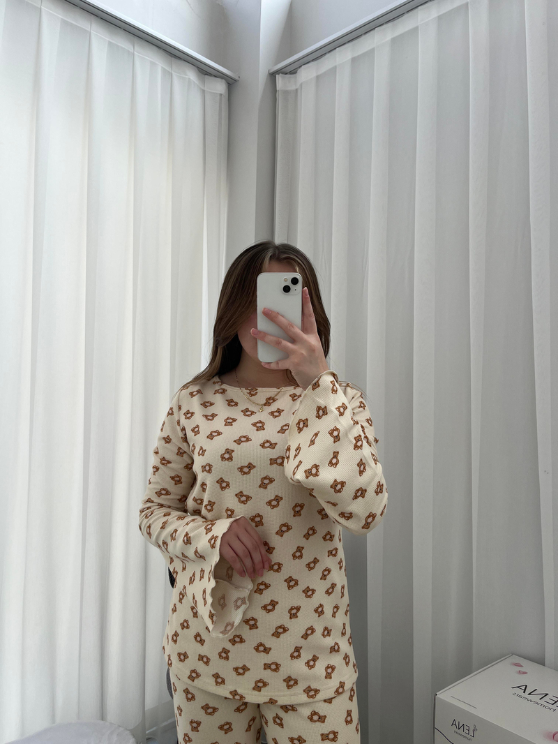 Ayıcık Desenli Bej Waffle Premium Pijama Takımı