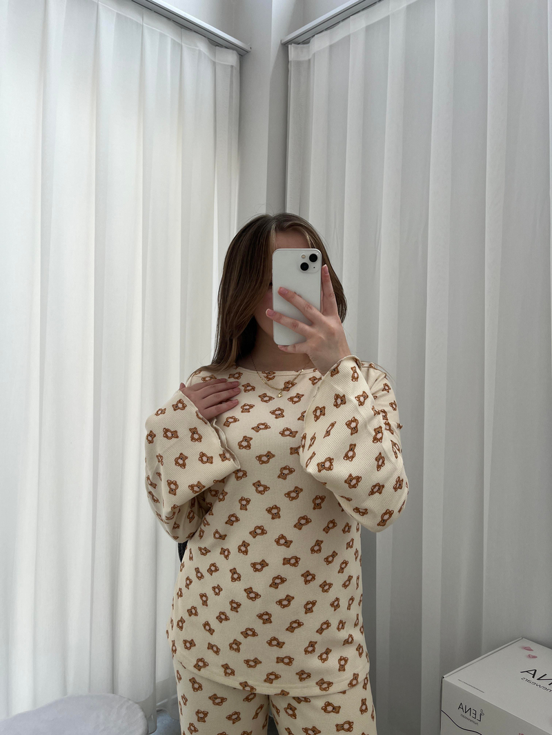 Ayıcık Desenli Bej Waffle Premium Pijama Takımı