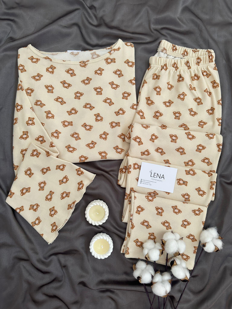 Ayıcık Desenli Bej Waffle Premium Pijama Takımı