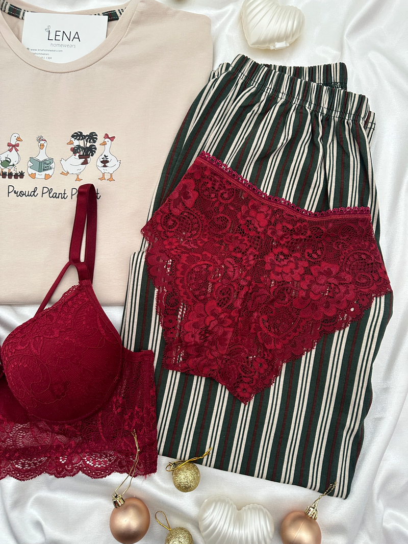 Bej Ördek Desenli Çizgili 4lü Pamuklu Pijama Takımı