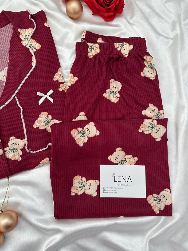 Bordo Ayıcık Uzun Kollu Termosoft Pijama Takımı