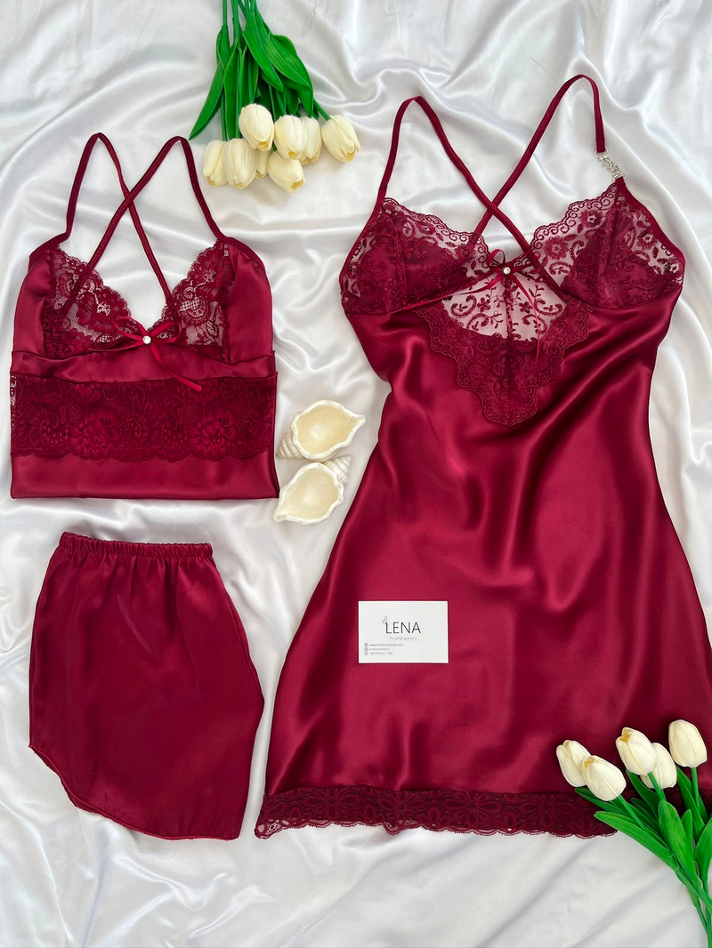Bordo Beauty Saten Takımı