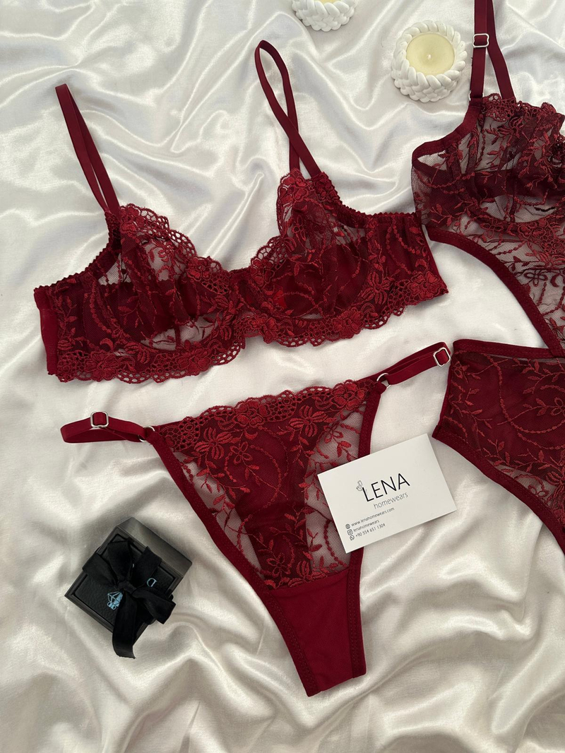 Bordo Çiçek Bralet Takımı