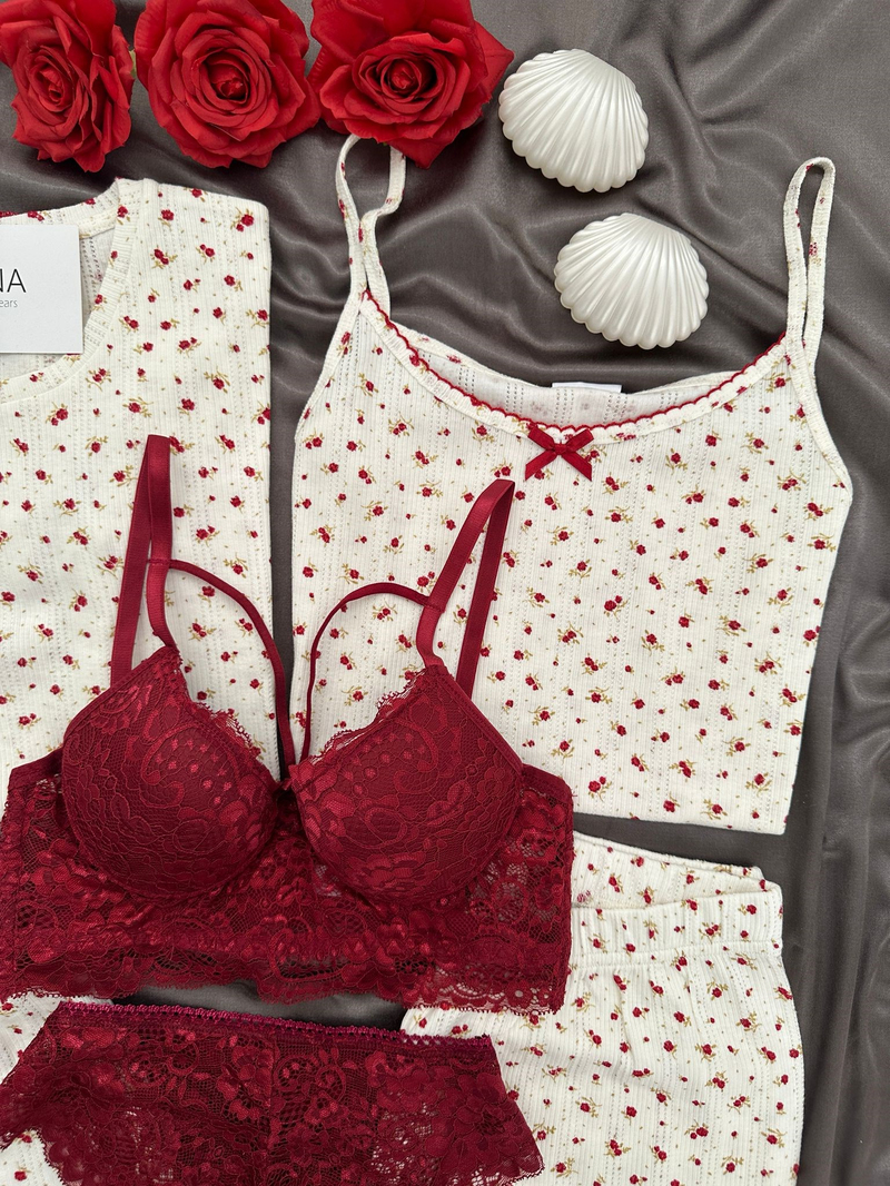 Bordo Çiçek Pamuklu 6lı Transfer Pijama Takımı