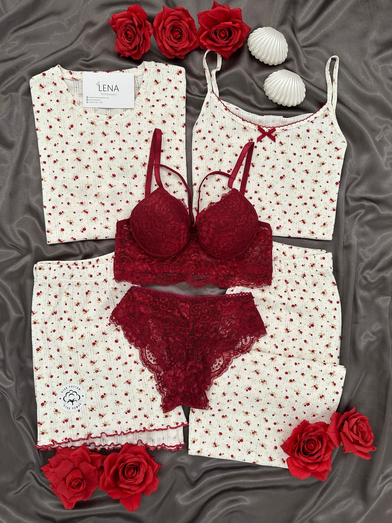 Bordo Çiçek Pamuklu 6lı Transfer Pijama Takımı