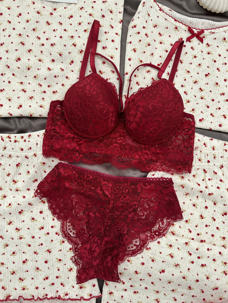 Bordo Çiçek Pamuklu 6lı Transfer Pijama Takımı
