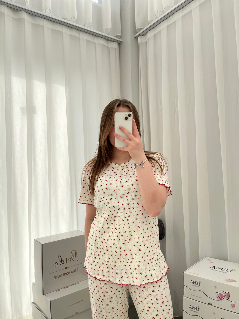 Bordo Çiçek Pamuklu Dörtlü Pijama Takımı