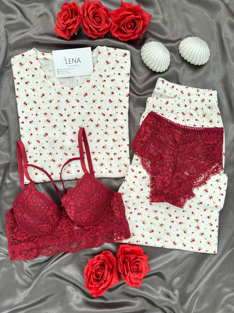 Bordo Çiçek Pamuklu Dörtlü Pijama Takımı