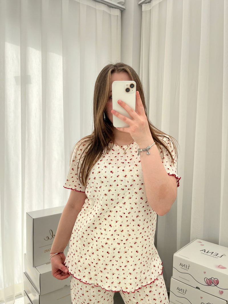 Bordo Çiçek Pamuklu Dörtlü Pijama Takımı