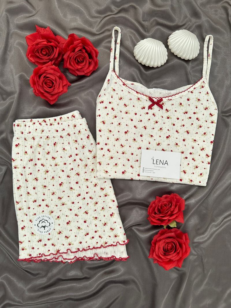Bordo Çiçek Pamuklu Şortlu Pijama Takımı