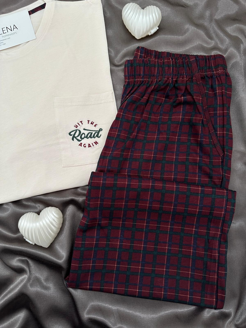 Bordo Ekose Erkek Uzun kollu Pamuklu Pijama Takımı