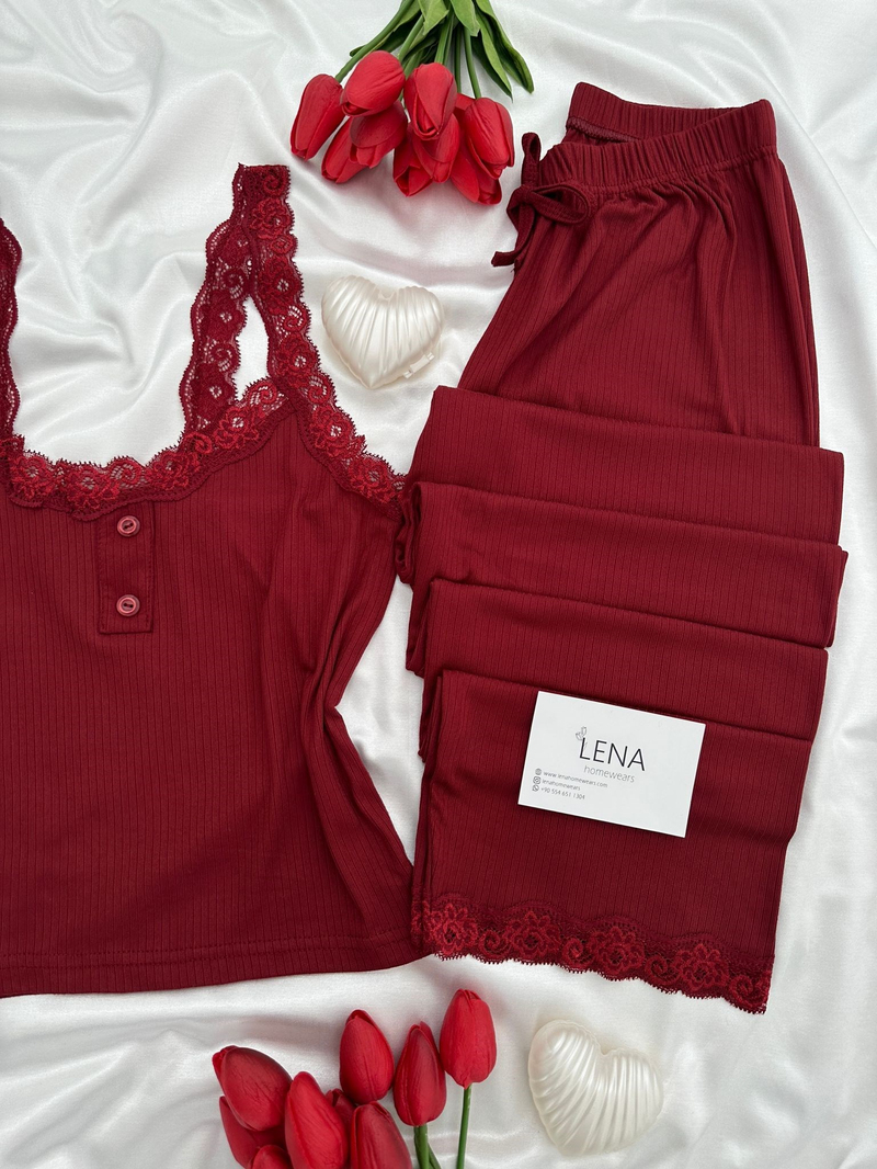 Bordo Fransis Askılı Pijama Takımı