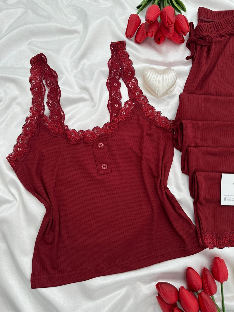 Bordo Fransis Askılı Pijama Takımı