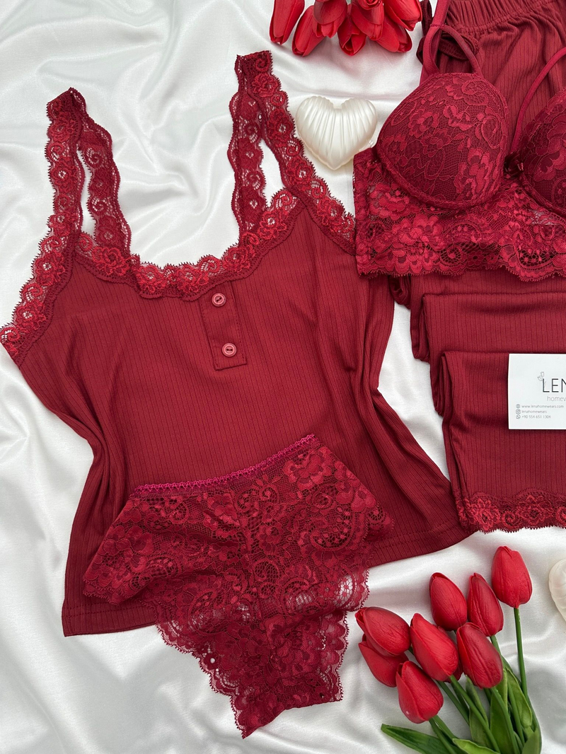 Bordo Fransis Dörtlü Pijama & Çamaşır Seti