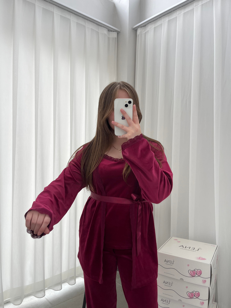 Bordo Kadife Sabahlıklı Kadın Pijama Takımı