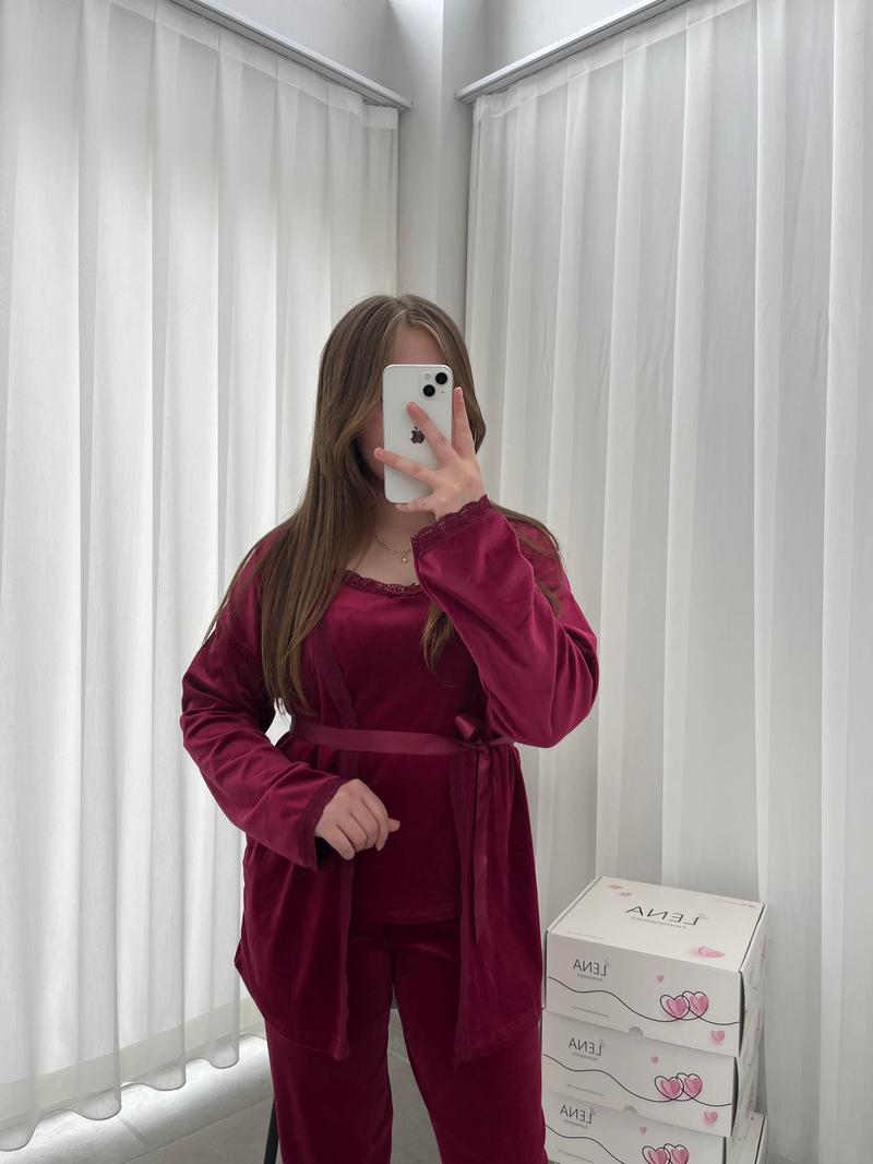 Bordo Kadife Sabahlıklı Kadın Pijama Takımı