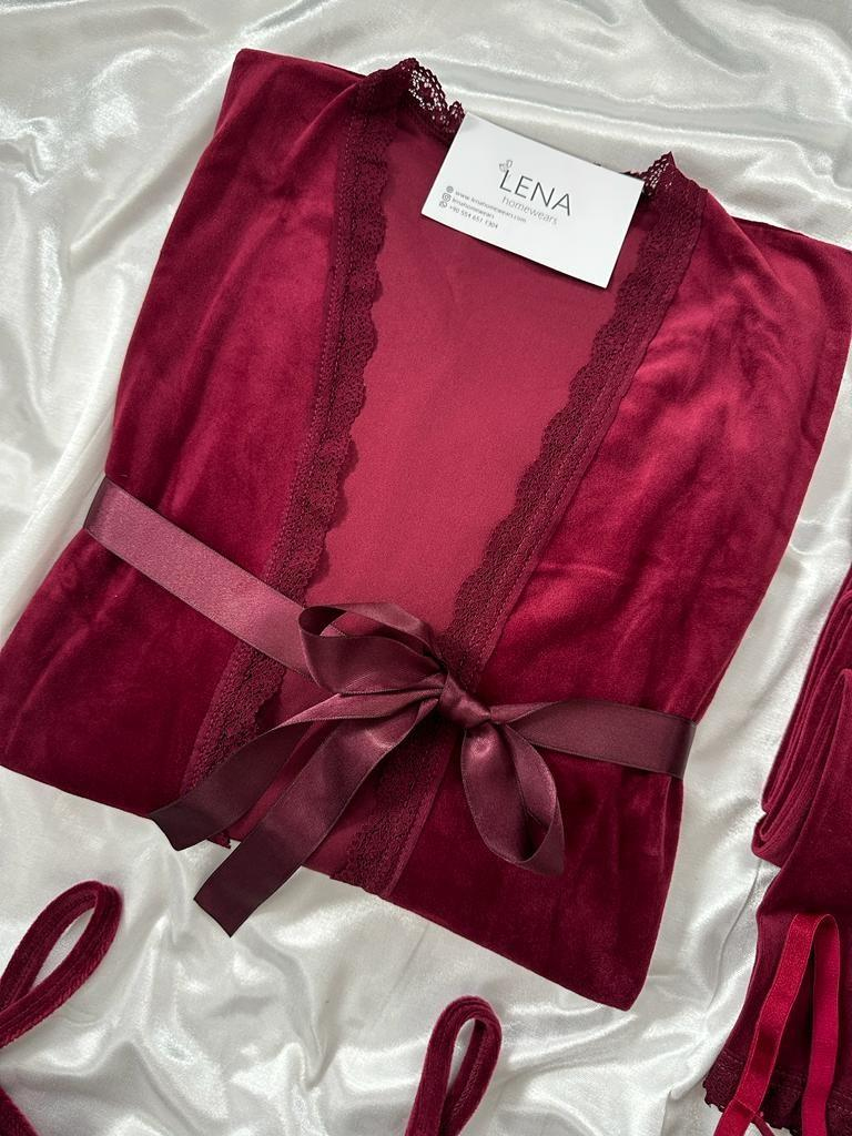 Bordo Kadife Sabahlıklı Kadın Pijama Takımı