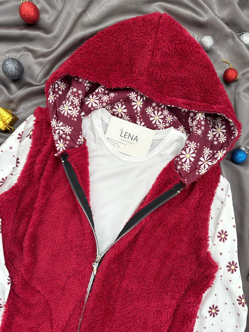 Bordo Peluş Yelekli 3lü Takım