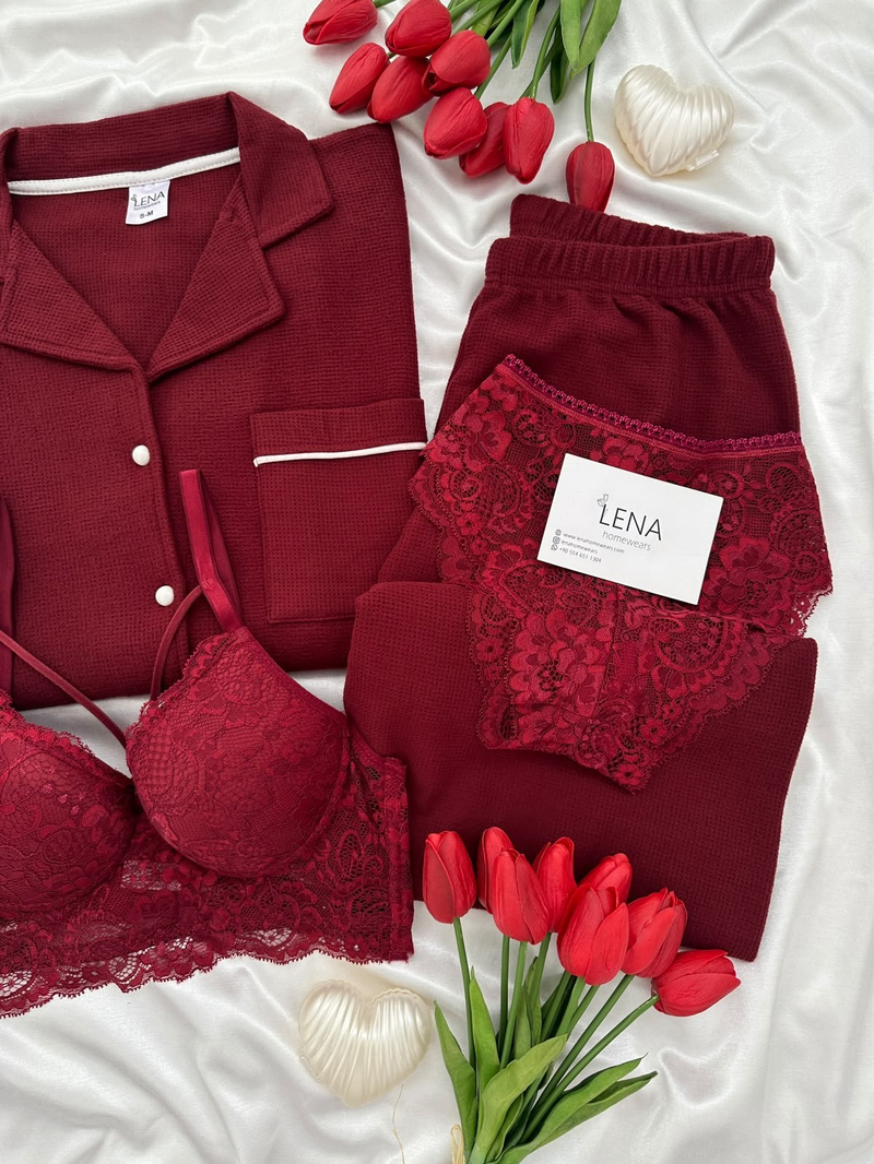 Bordo Sade 4lü Waffle Uzun Kollu Pijama Takımı