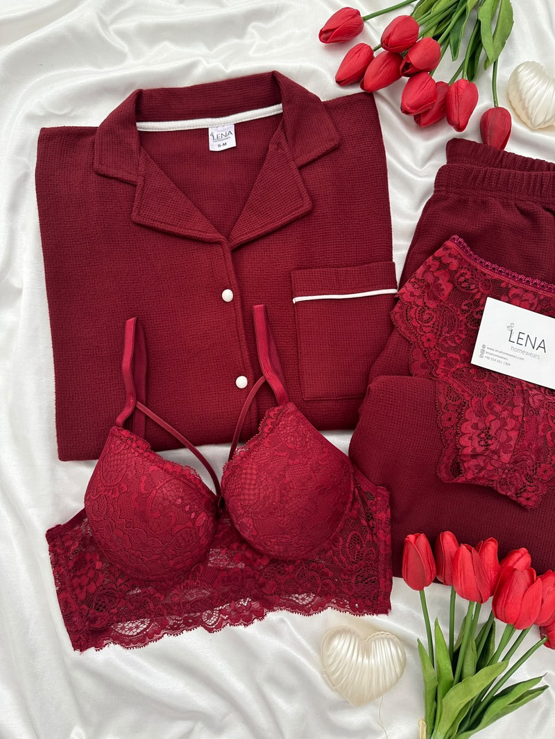 Bordo Sade 4lü Waffle Uzun Kollu Pijama Takımı