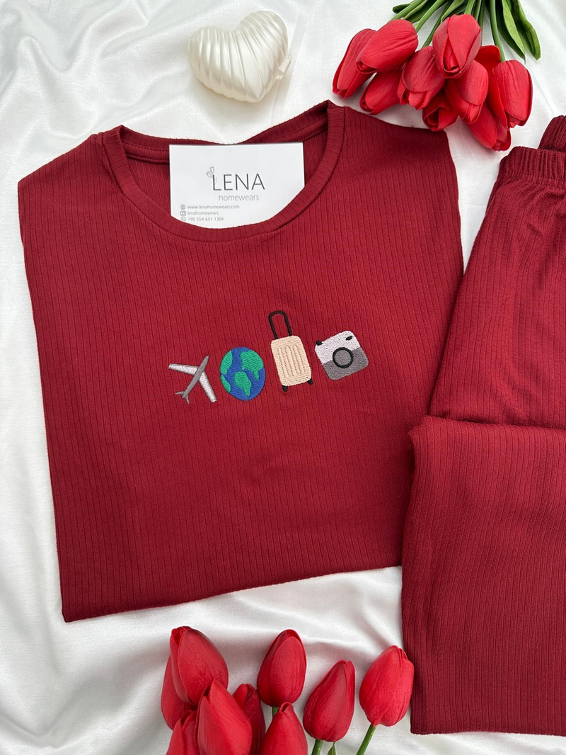 Bordo Seyehat Kısa Kollu Pijama Takımı 