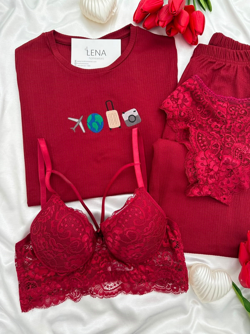 Bordo Seyehat Nakışlı Pijama & Çamaşır Seti 