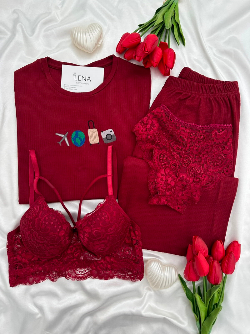 Bordo Seyehat Nakışlı Pijama & Çamaşır Seti 
