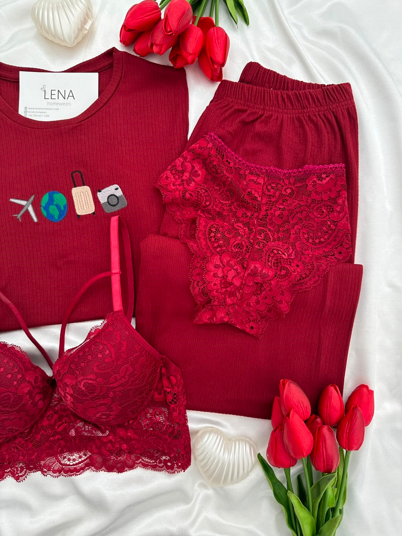 Bordo Seyehat Nakışlı Pijama & Çamaşır Seti 
