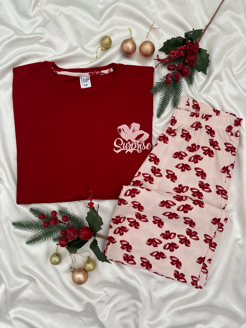 Bordo Surprise Kurdele Desenli Berlin Pijama Takımı