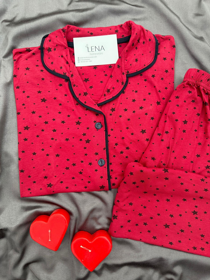 Bordo Yıldız Desenli Anne Pijama Takımı