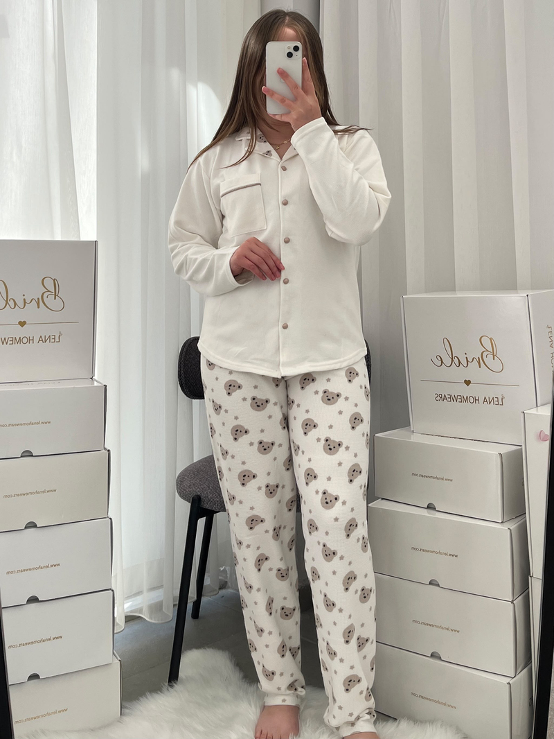 Ekru Ayıcık Desenli 4lü Düğmeli Uzun Kollu Pijama Takımı