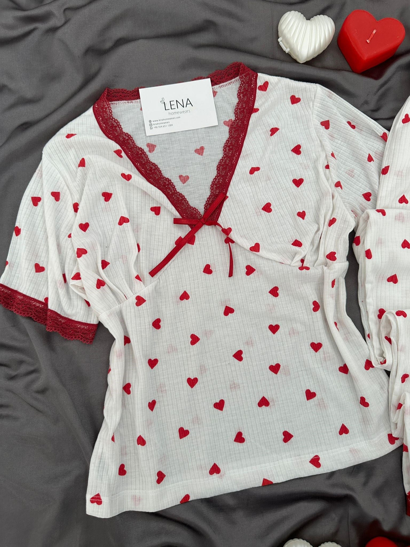 Ekru Kalp Kısa Kollu Raporlu Pijama Takımı