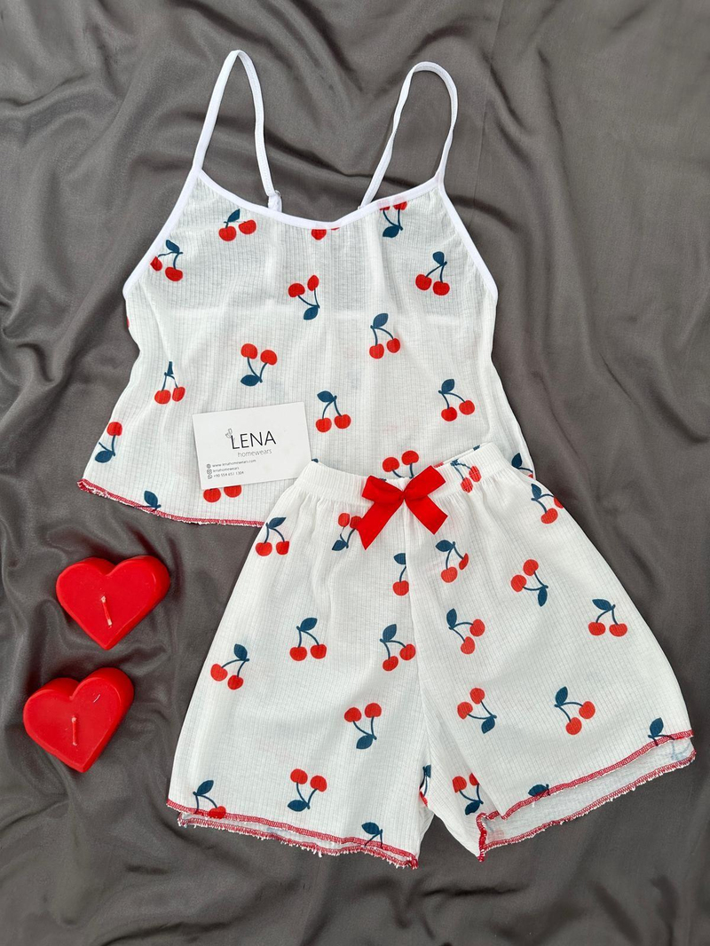Ekru Kiraz Şortlu Pijama Takımı