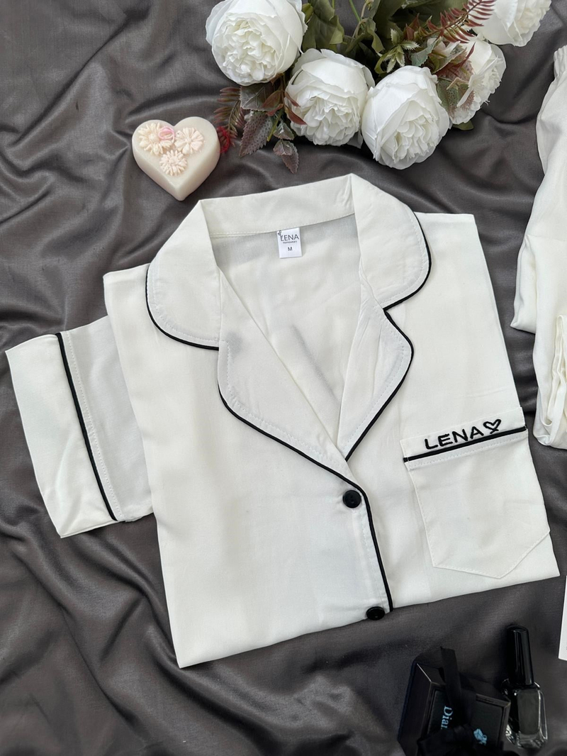 Ekru Lena Nakışlı Kısa Kollu Dokuma Pijama Takımı