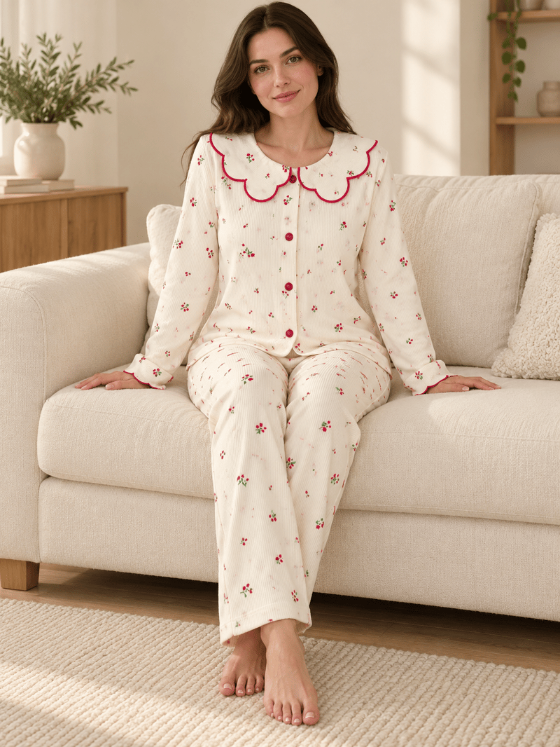 Ekru Nakış Uzun Kollu Berlin 4lü Pijama Takımı