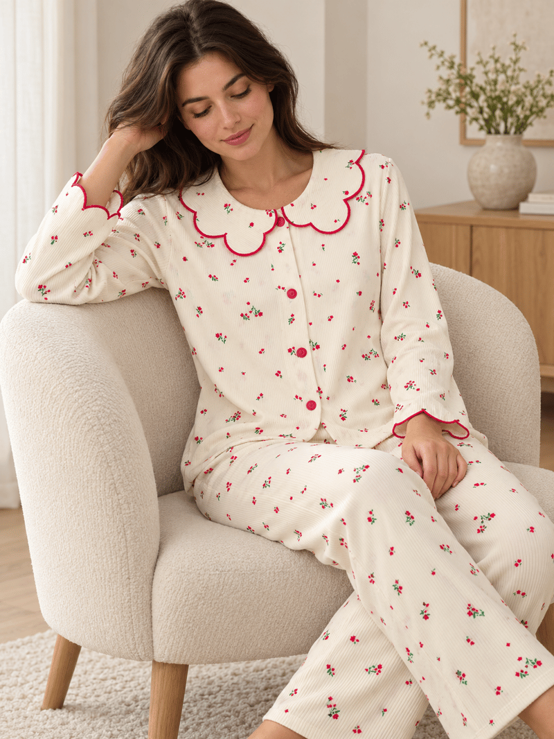 Ekru Nakış Uzun Kollu Berlin 4lü Pijama Takımı